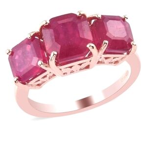 Sale Genuine African Ruby Trilogy Ring in Vermeil Rose Gold 5.35ctw